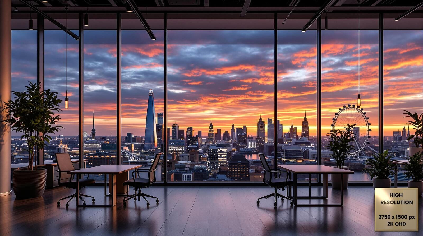 London Skyline Sunset Office Background (Free 2K Download)