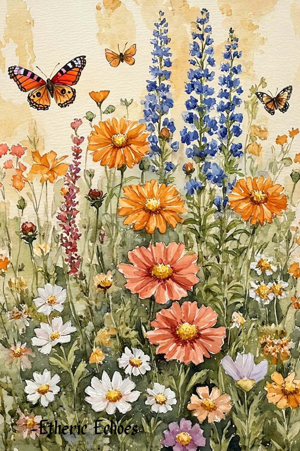 Whimsical Wildflower Garden Art: Watercolor Butterflies