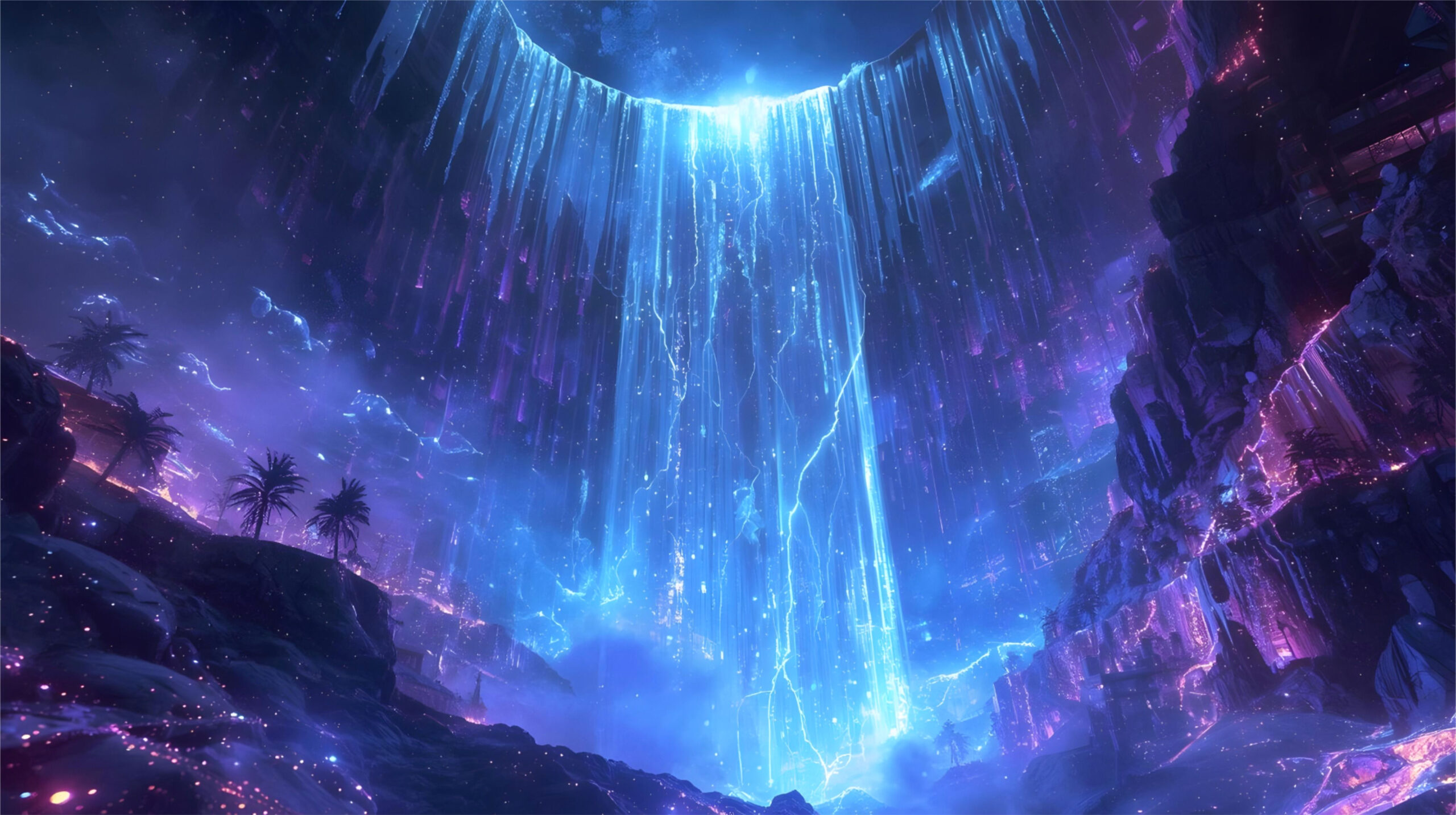 Neon Waterfall Fantasy: Sci-Fi Landscape Awaits