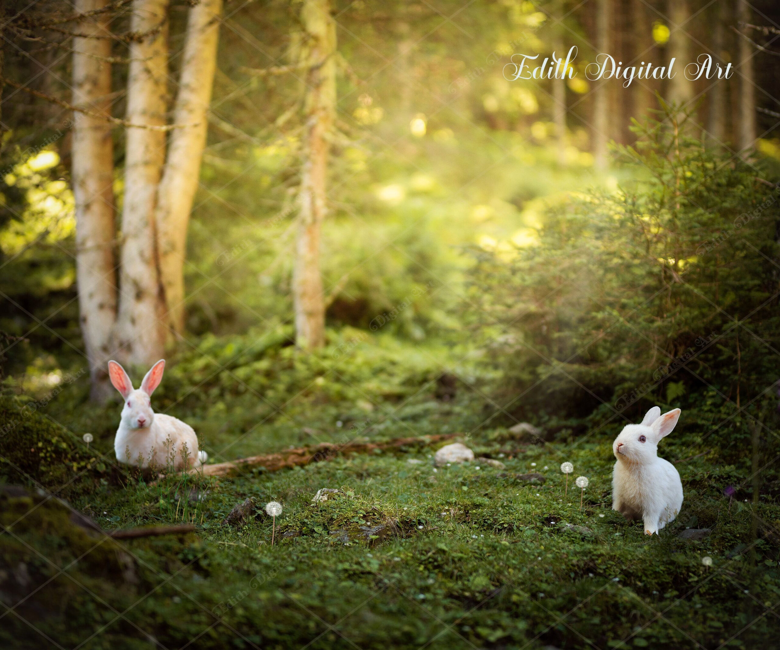 Vibrant Spring Scenes: Easter Bunnies & Forest Composites for Photoshop