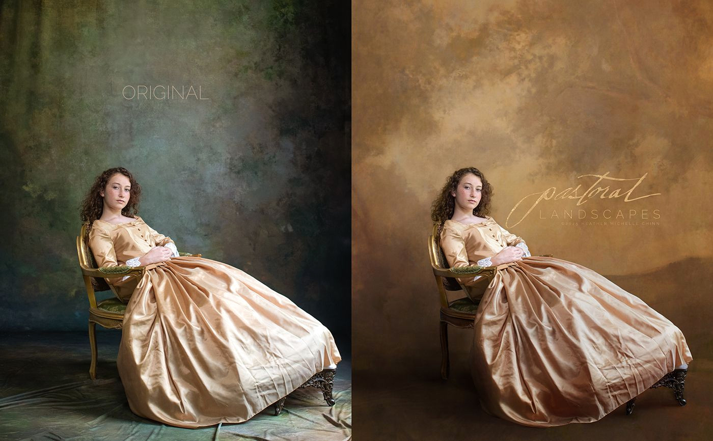 Dreamy Ochre Landscapes: Unique Hand-Painted Backdrops for Fine Art Portraits