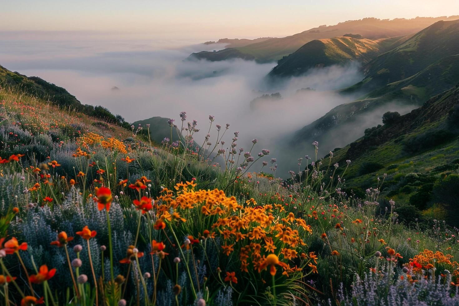 Free Ethereal Mountain Landscape at Sunrise with Wildflowers
