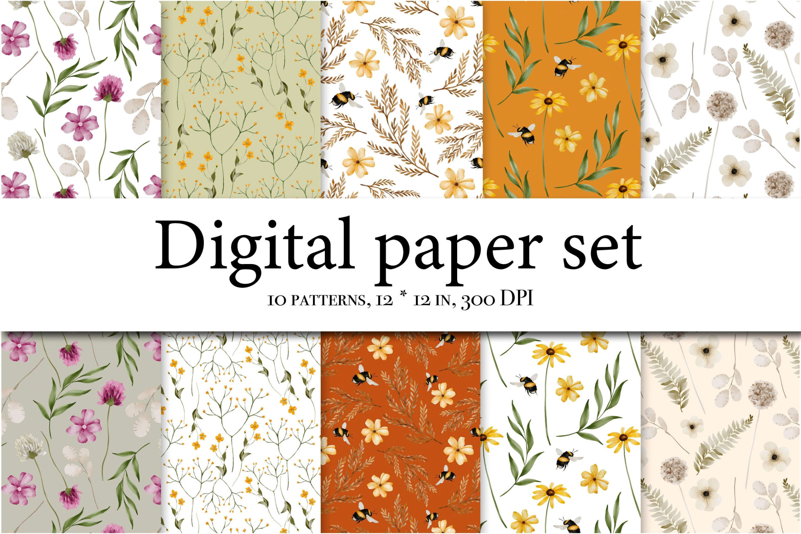 Dainty Watercolor Meadows: 50+ Seamless Wildflower Patterns