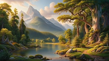 Bergambaran Alam Fantasi Gunung dengan AI Vektor