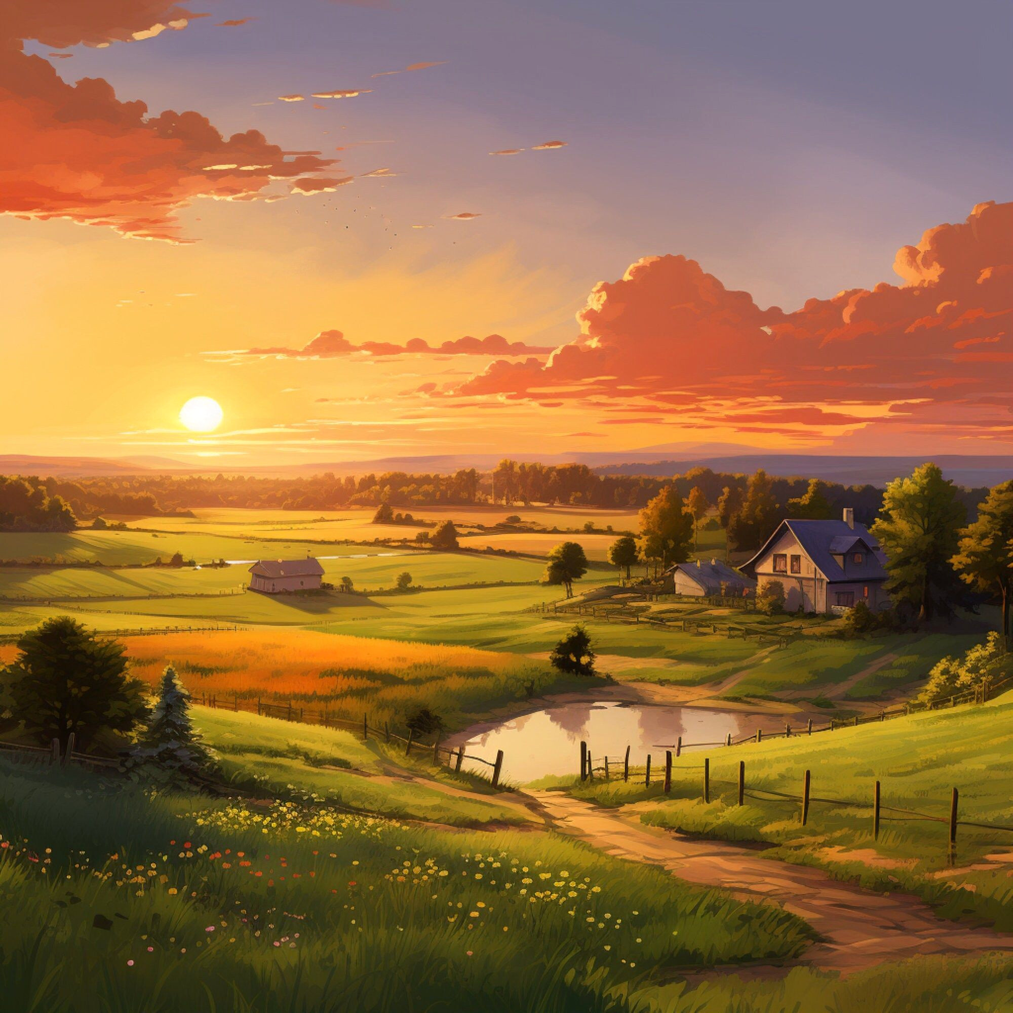 Sunset Bliss: Idyllic Landscapes in Stunning Digital Art