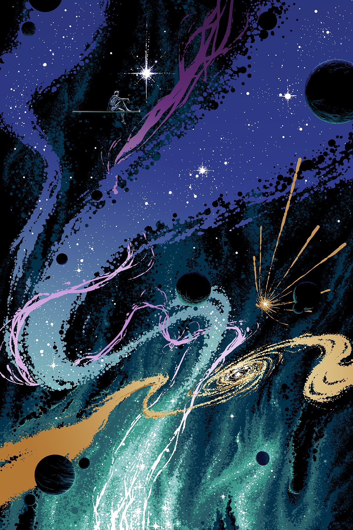 Ride the Cosmic Waves: Silver Surfer at Rest poster print.