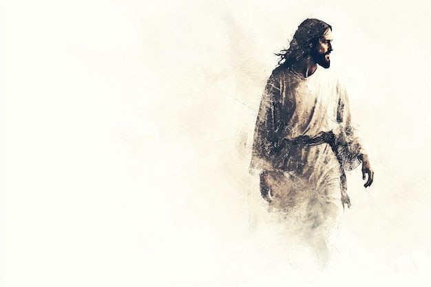 Serenely Walking Jesus in Elegant White Haze