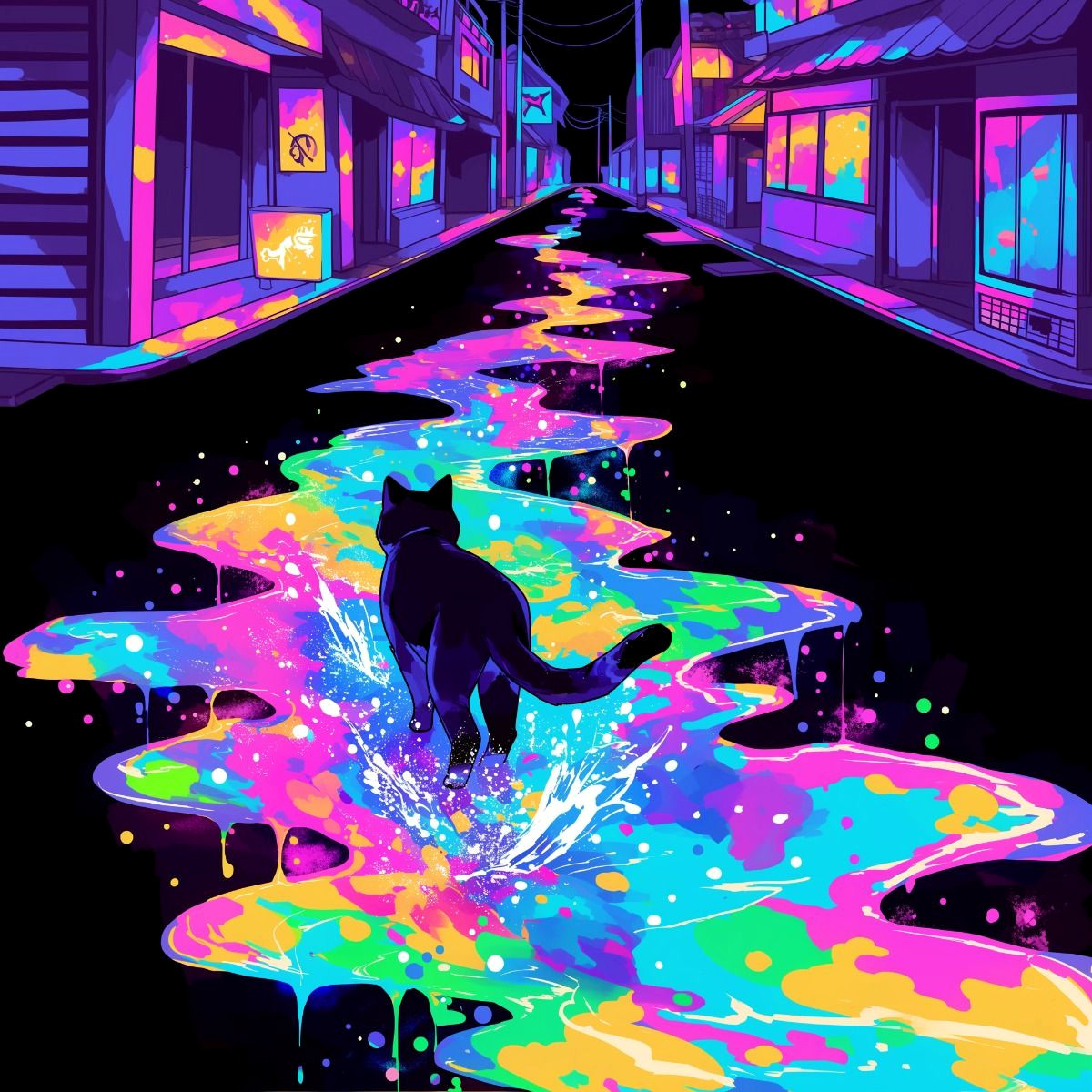 Mystical Night: Black Cat Illuminated in Neon Paradise