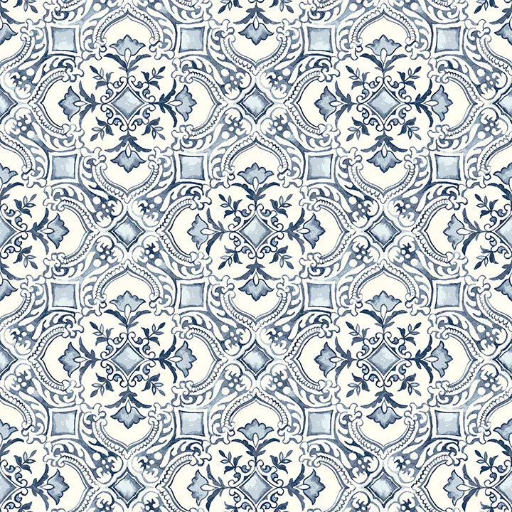 Bold Blue Floral Tile Wallpaper