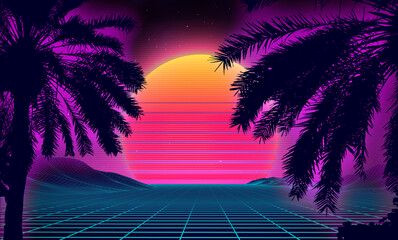 Galactic Beach Party: Retro Sunset Vector Backdrop