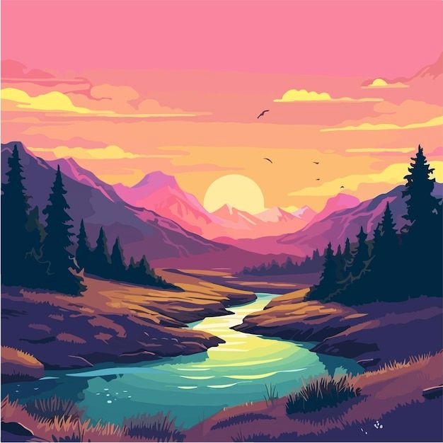 Ethereal Mountain River Sunset