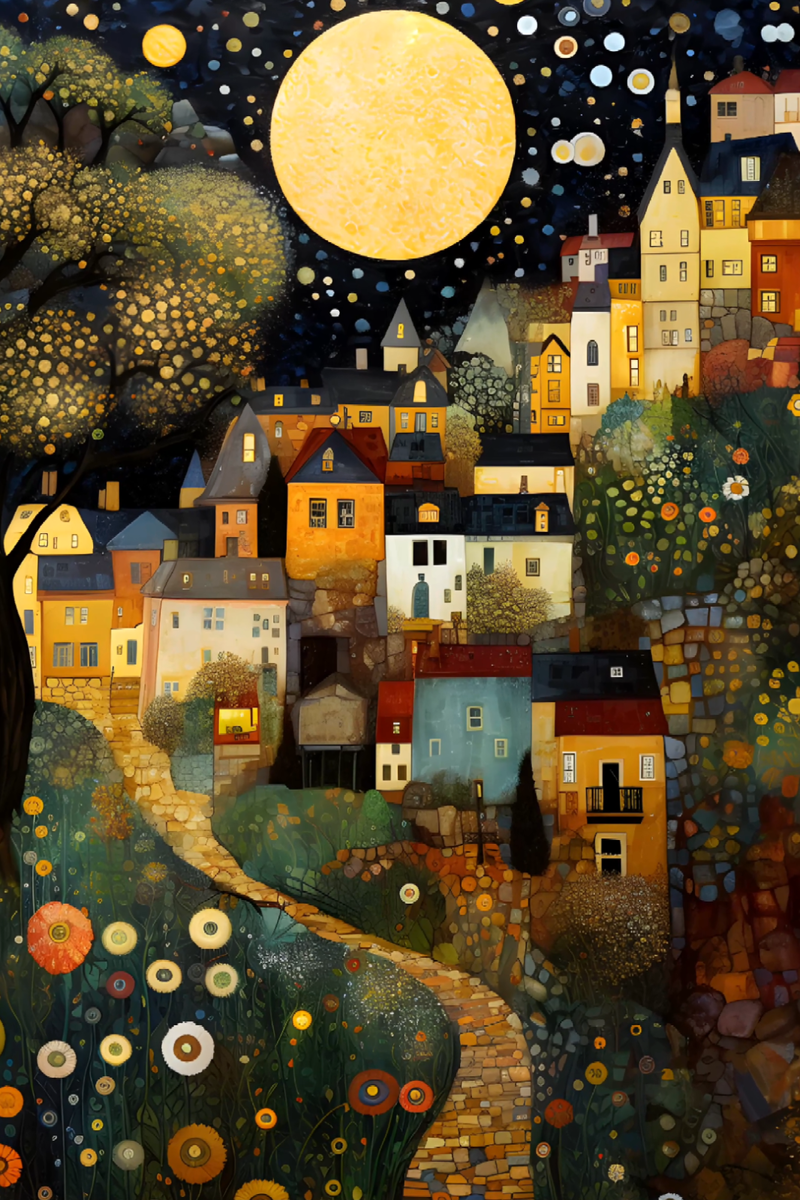 Ethereal Glow: Gustav Klimt Moon Night Sky Wall Art