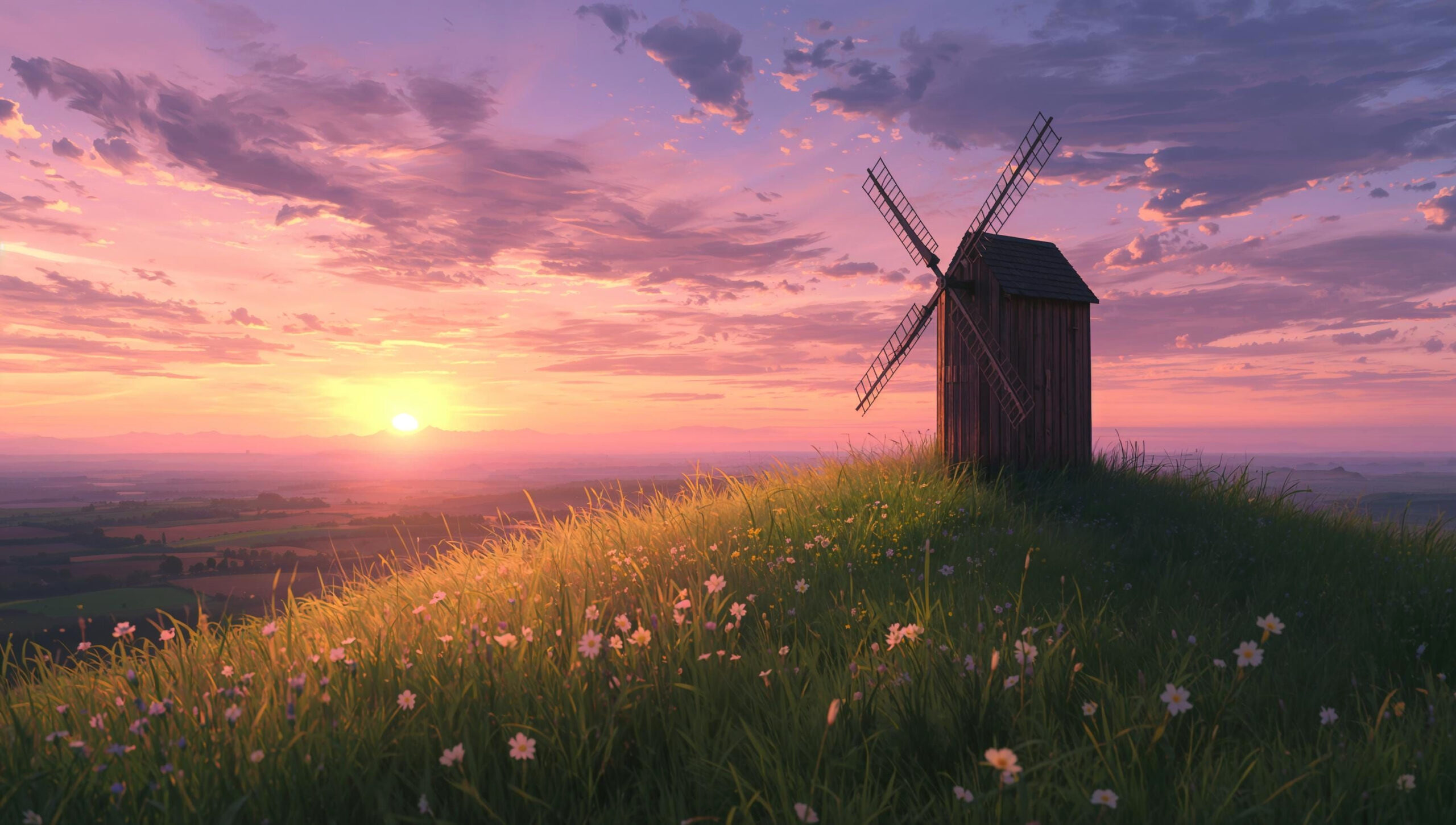 Dreamy Sunset Windmill Wallpaper 4K Download